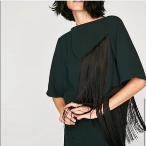 Zara NWT Women's Green Blouse With Black Side  String Fringe Sash Small Boho